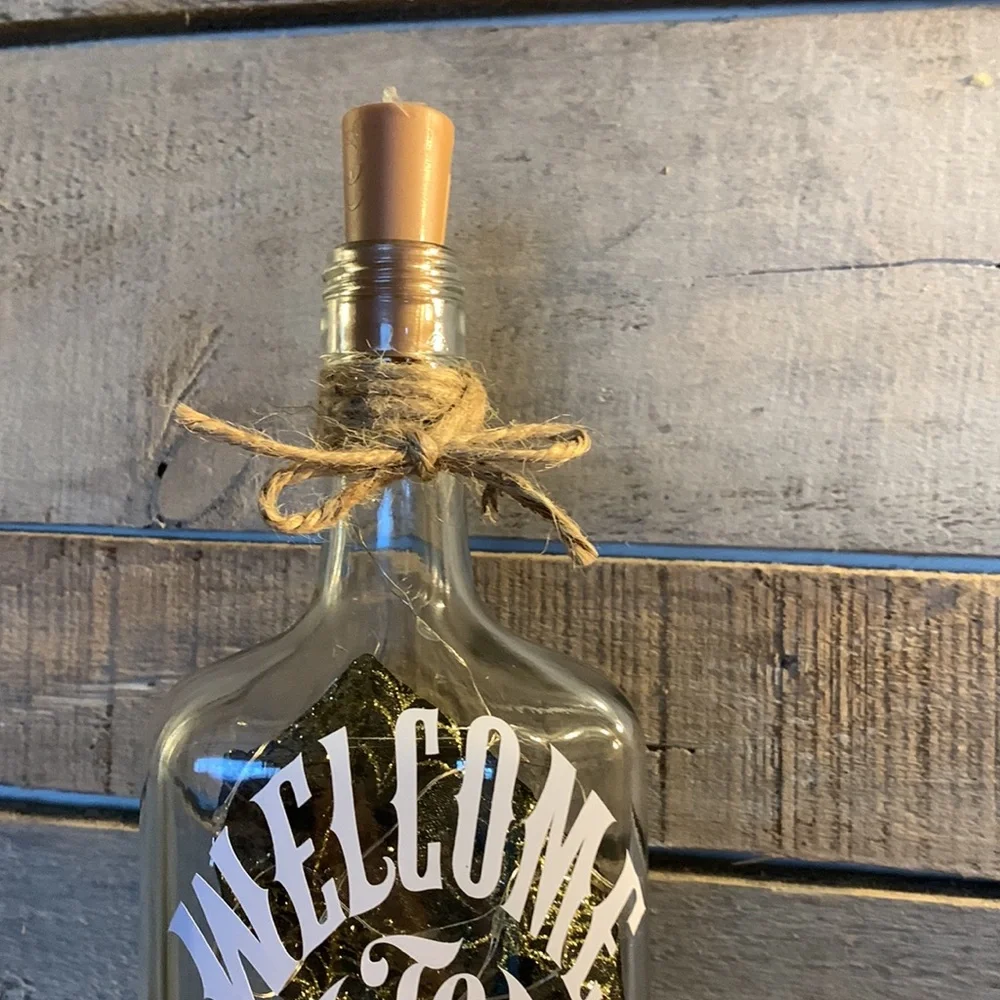 Hand Crafted- ‘Welcome to our Haunted House’ Wine Bottle lantern